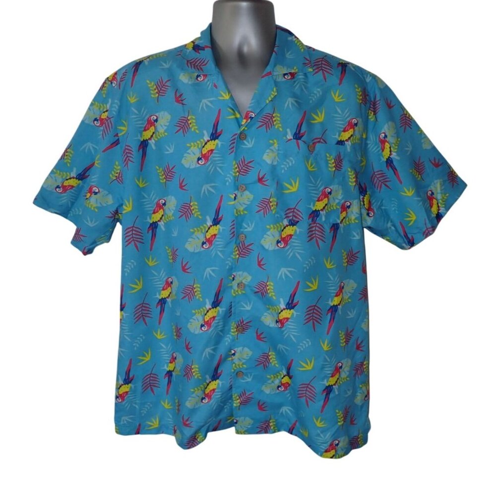 UZZI Amphibious Gear Short Sleeve Button Up Shirt Men L Hawaiian Parrots Tropica